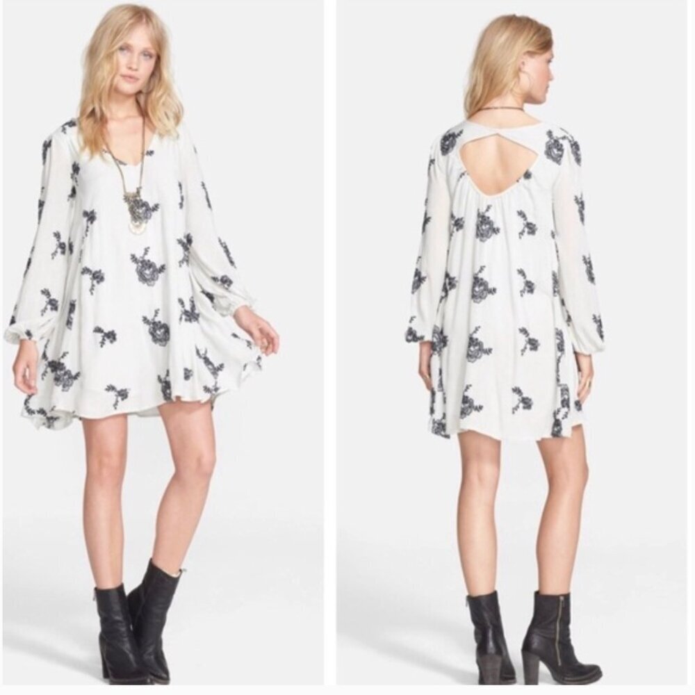 Free People Embroidered Emma Austin Long Sleeve Mini Dress Tunic Floral Blue XS